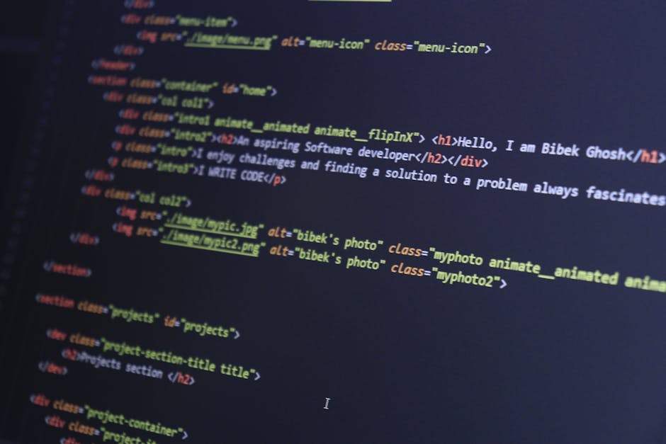 A computer screen displaying lines of HTML and CSS code with various tags and file names highlighted in different colors, including a reference to images such as 'bibek's photo' and 'pyopic2.png'. The